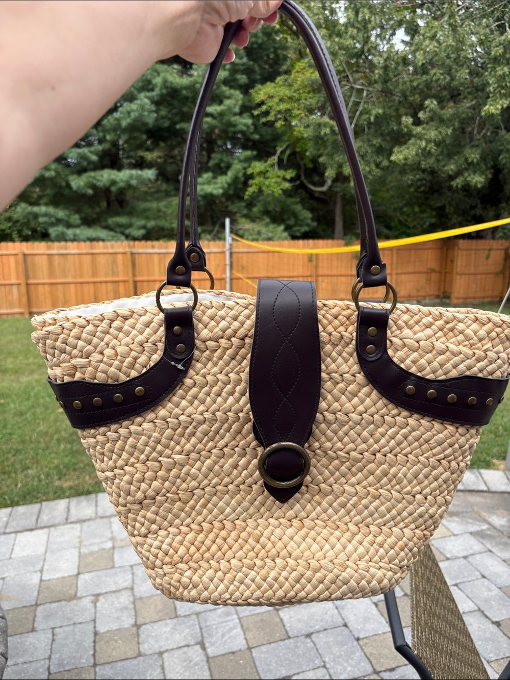 Woven Straw Tote Bag with Dark Brown Trim